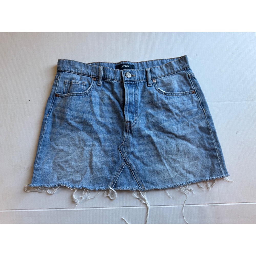 Aeropostale Aero High Rise Denim Mini Skirt Medium Wash Frayed Hem Size 12